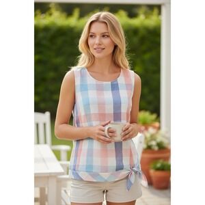 J.‎ Crew Women's Size 6 Sleeveless Plaid Tie-Waist Top Blouse Pastel Blue Peach
